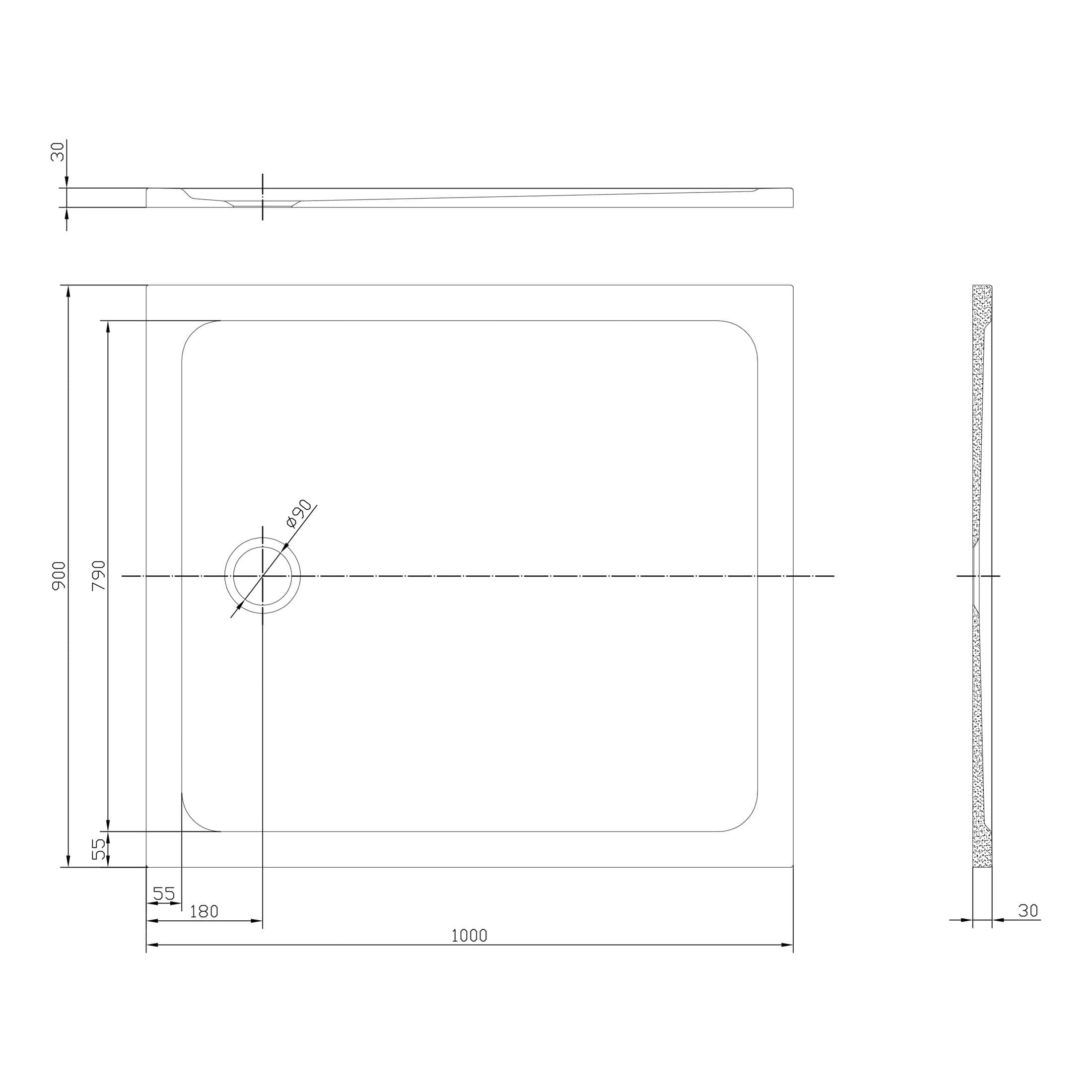 Elegant square shower tray with a minimalist design, featuring a sleek edge detail and efficient drainage system, perfect for modern bathroom renovations by Bubly Bathrooms.