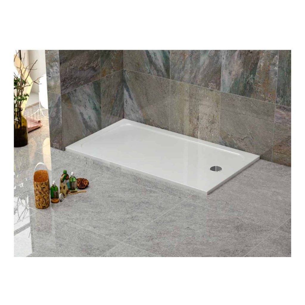 Sleek white walk-in shower tray installed on grey marble bathroom floor with matching tiled walls, modern and minimalist bathroom design, ideal for contemporary bathroom renovations.
