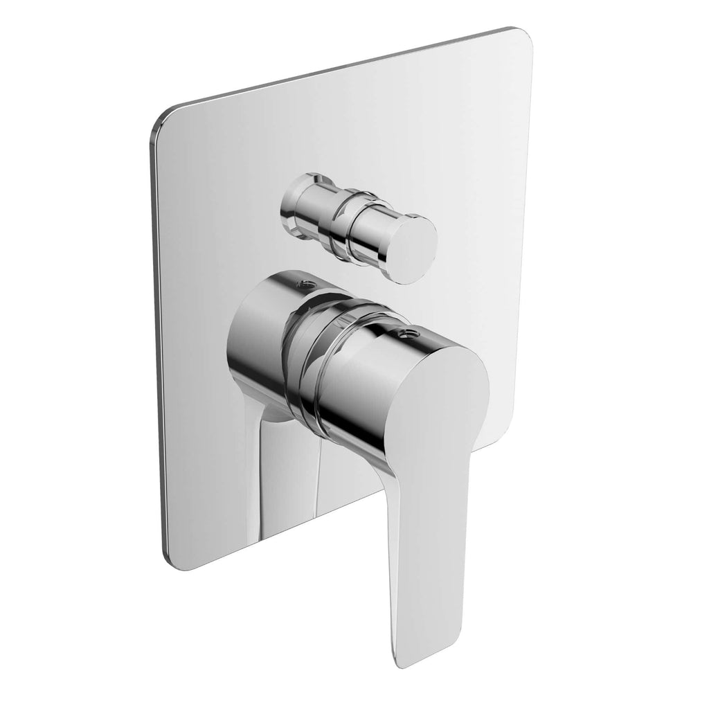 Chrome dual-flush toilet flush valve with lever handle, ideal for modern bathroom renovations. Designed for efficient water control and durability in Bubly Bathrooms.