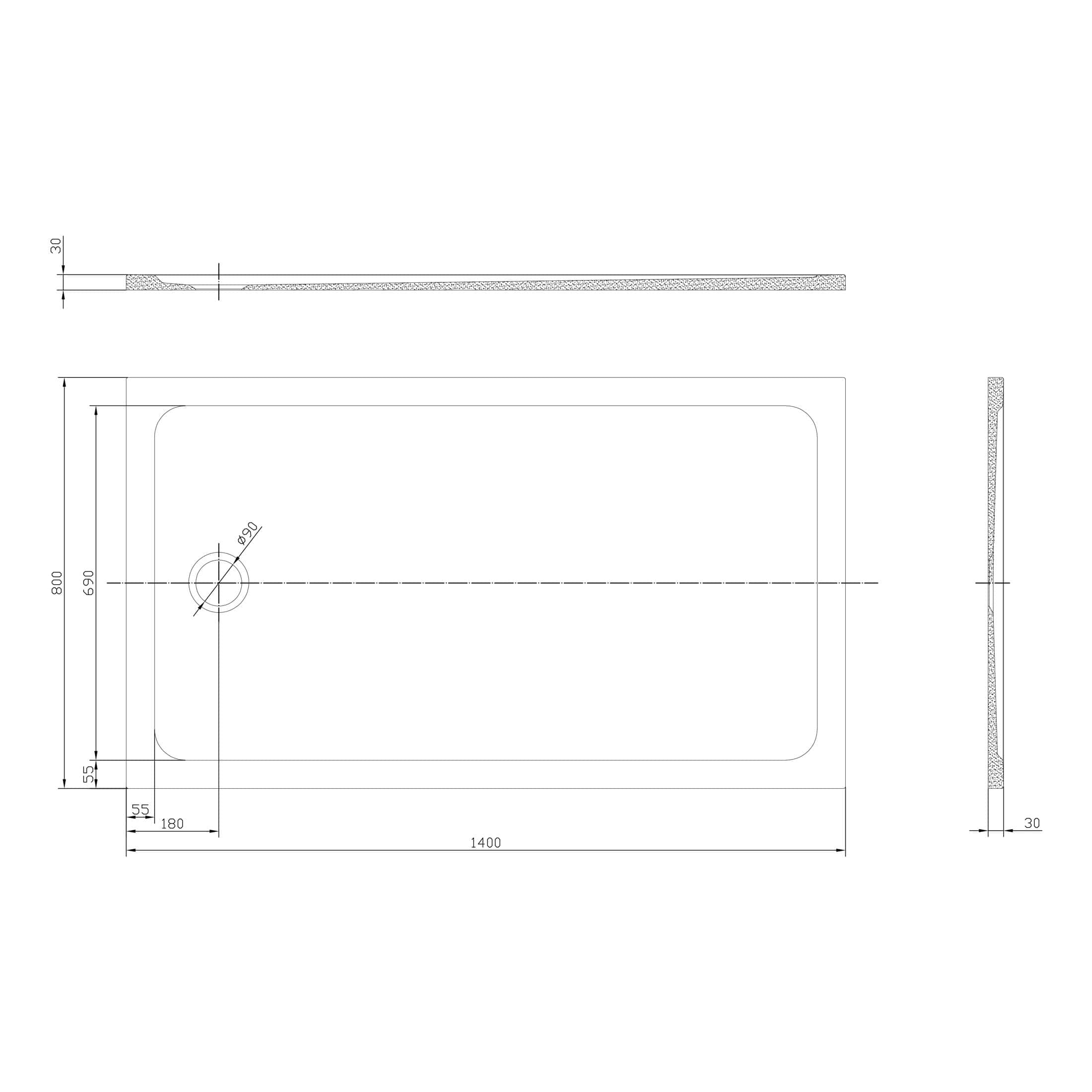 High-quality bathroom shower tray design with detailed technical drawing and precise measurements, ideal for modern bathroom renovation projects.