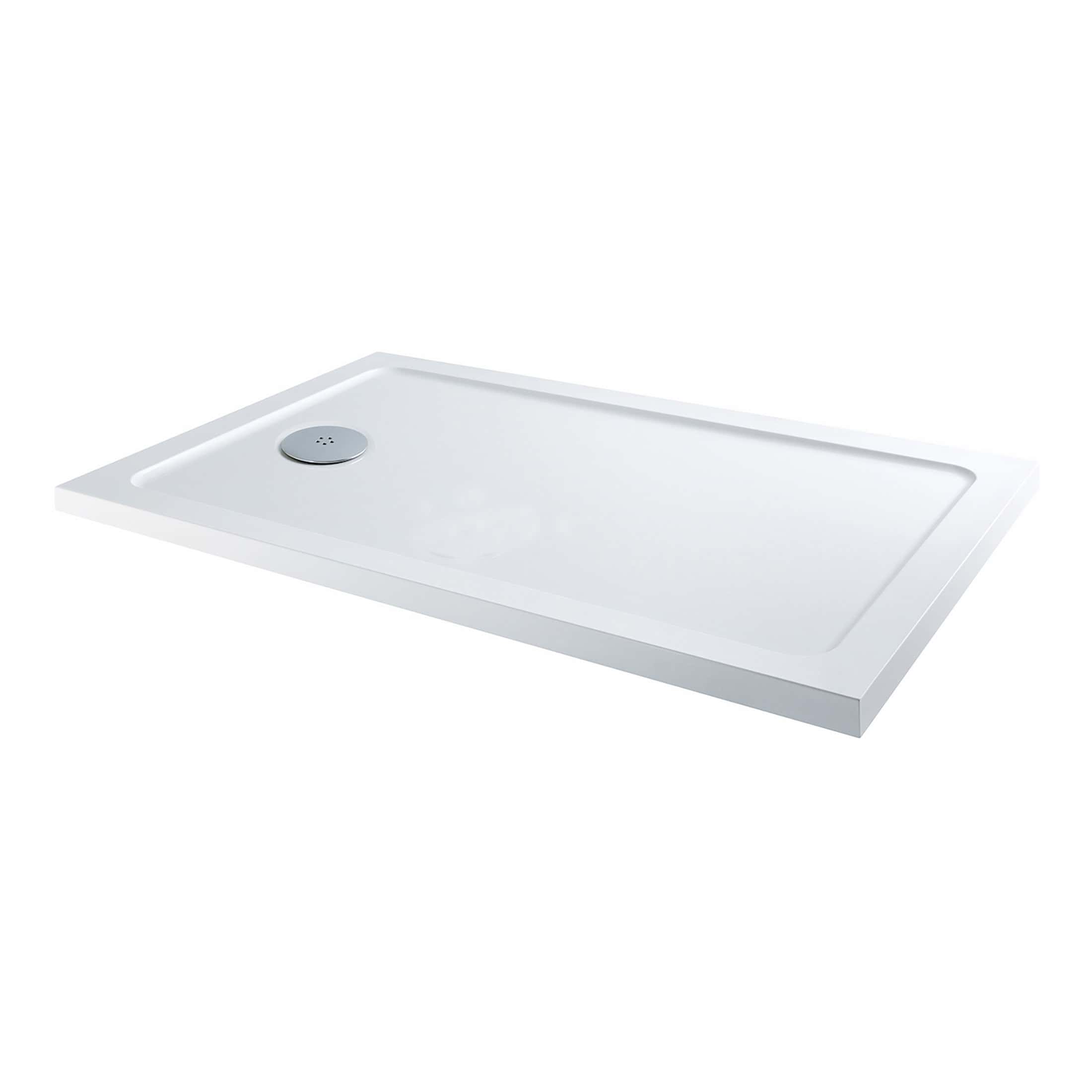 Sleek white shower tray with integrated drain, ideal for modern bathroom installations and easy cleaning. Perfect for minimalist bathroom designs from Bubly Bathrooms.