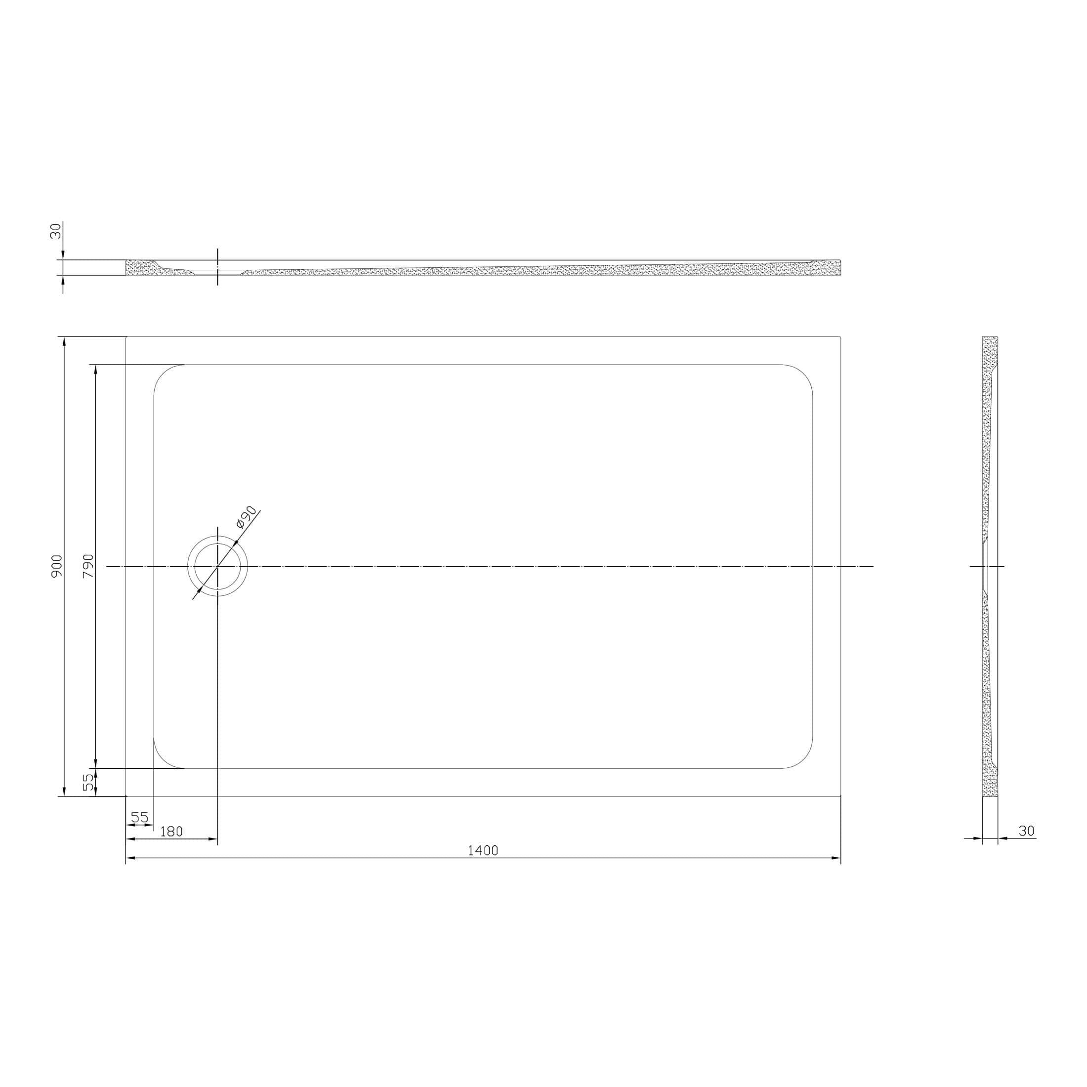 Modern rectangular shower tray with detailed technical design, measuring 1400mm by 900mm, featuring a slip-resistant surface and precise drain placement for stylish bathroom renovation.