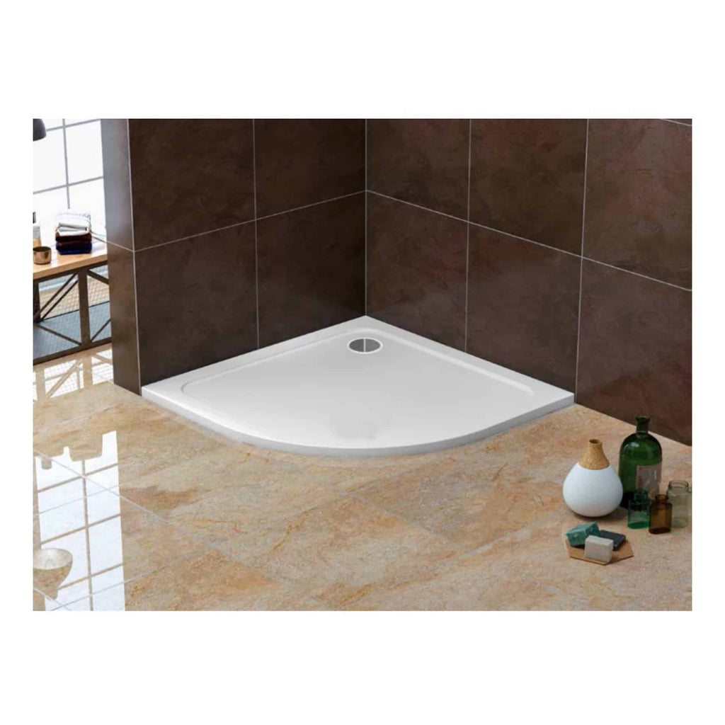 Contemporary corner shower tray with white finish, installed in a modern bathroom with brown tiled walls and beige marble flooring, ideal for bathroom renovation projects.