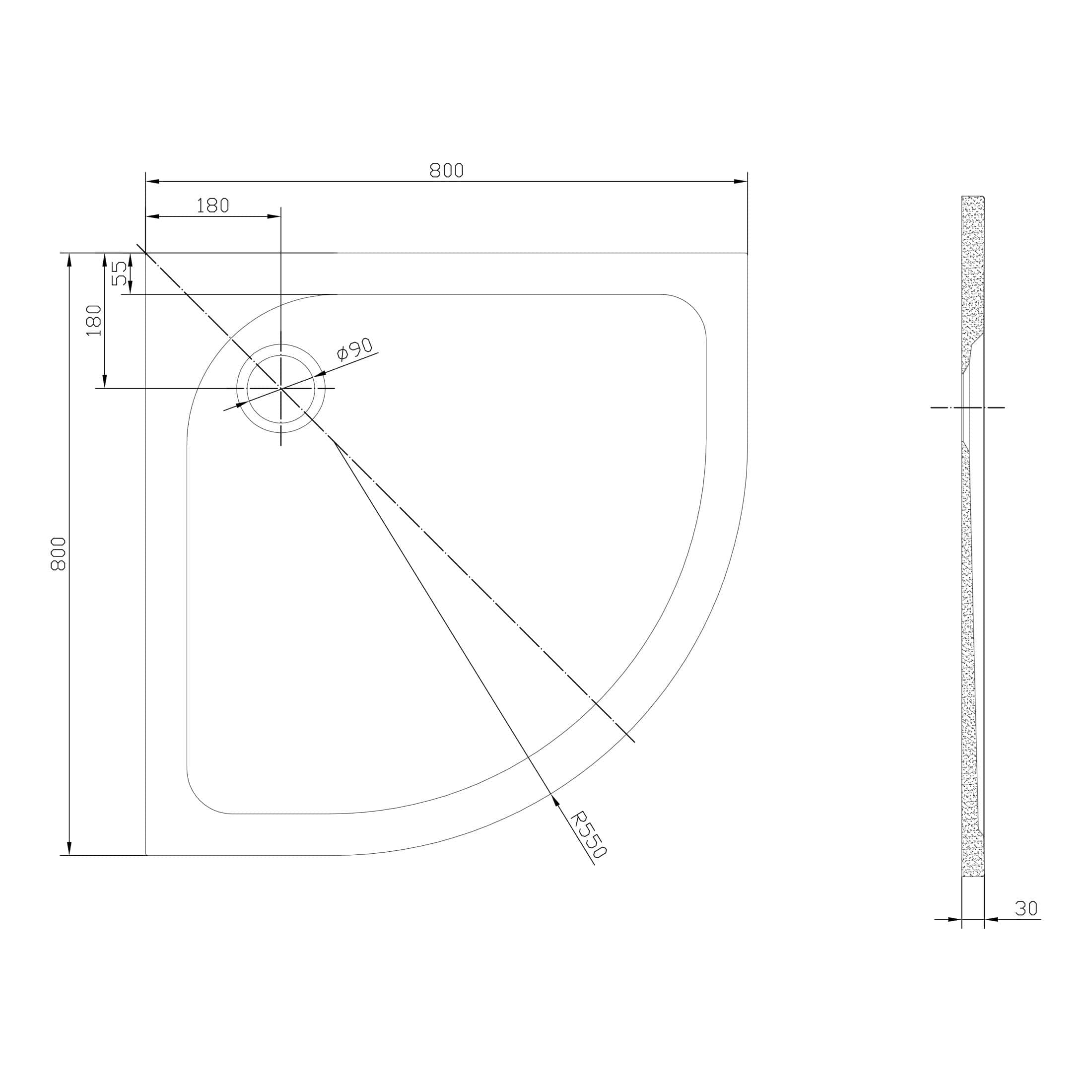 High-quality bathroom shower tray technical drawing with detailed measurements and dimensions, showcasing expert planning for modern bathroom design and efficient space utilisation.