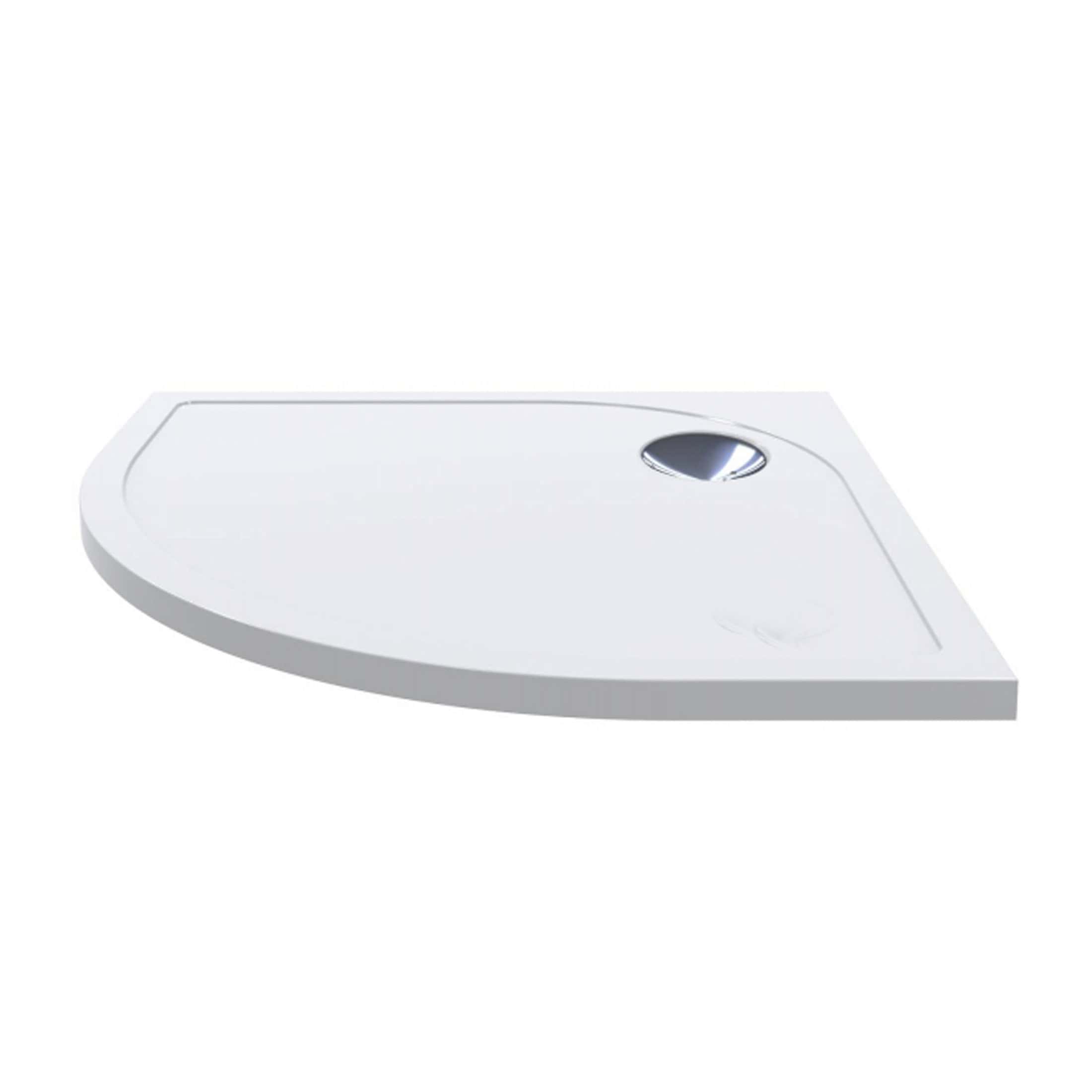 Modern white shower base with chrome drain fitting, sleek design, perfect for contemporary bathrooms.
