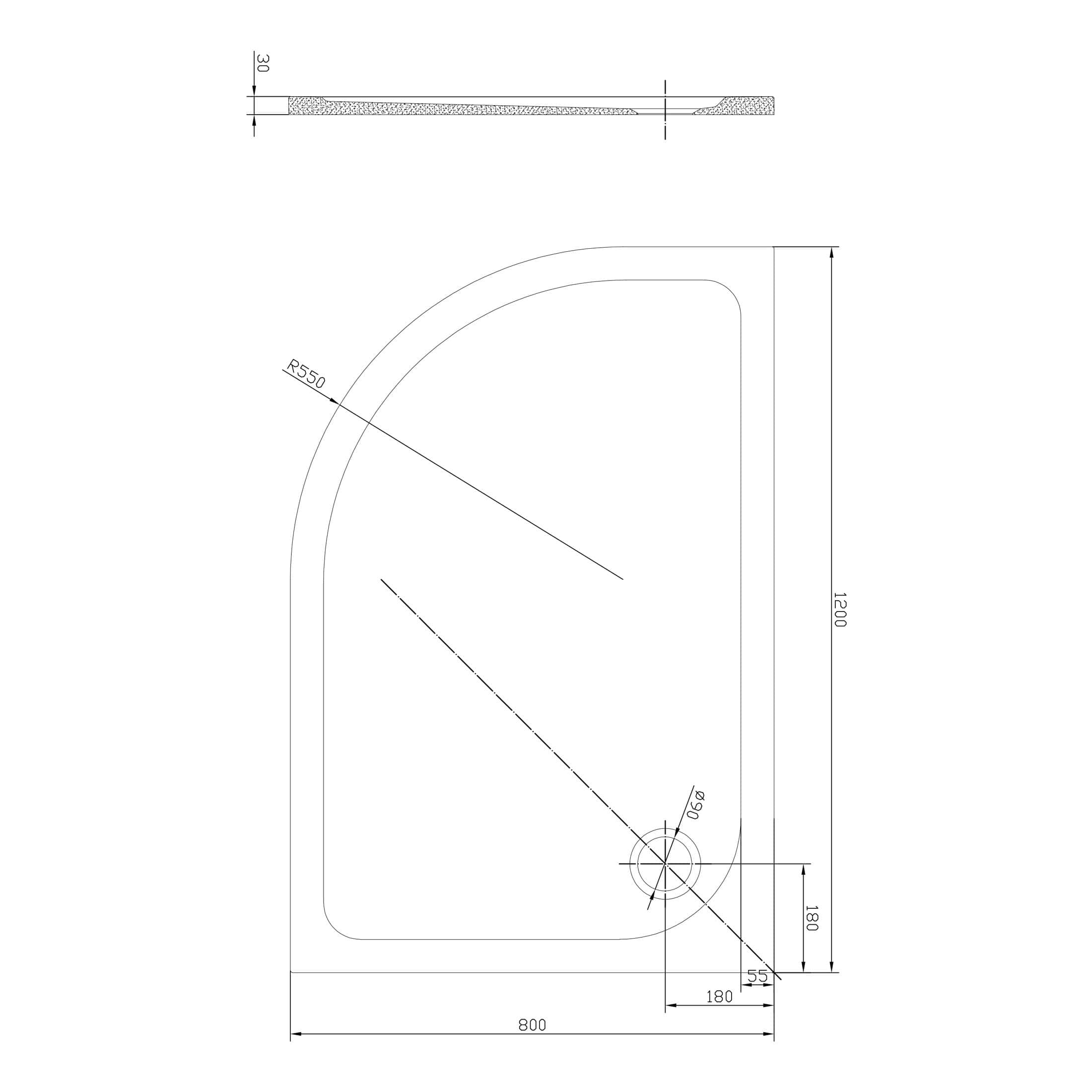 1. ultracompact shower tray with curved design, 1200mm x 800mm, easy installation for modern bathrooms.