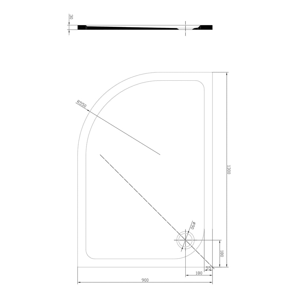 Sleek corner shower tray with curved design, measuring 900mm x 1300mm, featuring anti-slip surface and durable construction for modern bathrooms. Ideal for creating a stylish and functional shower area.