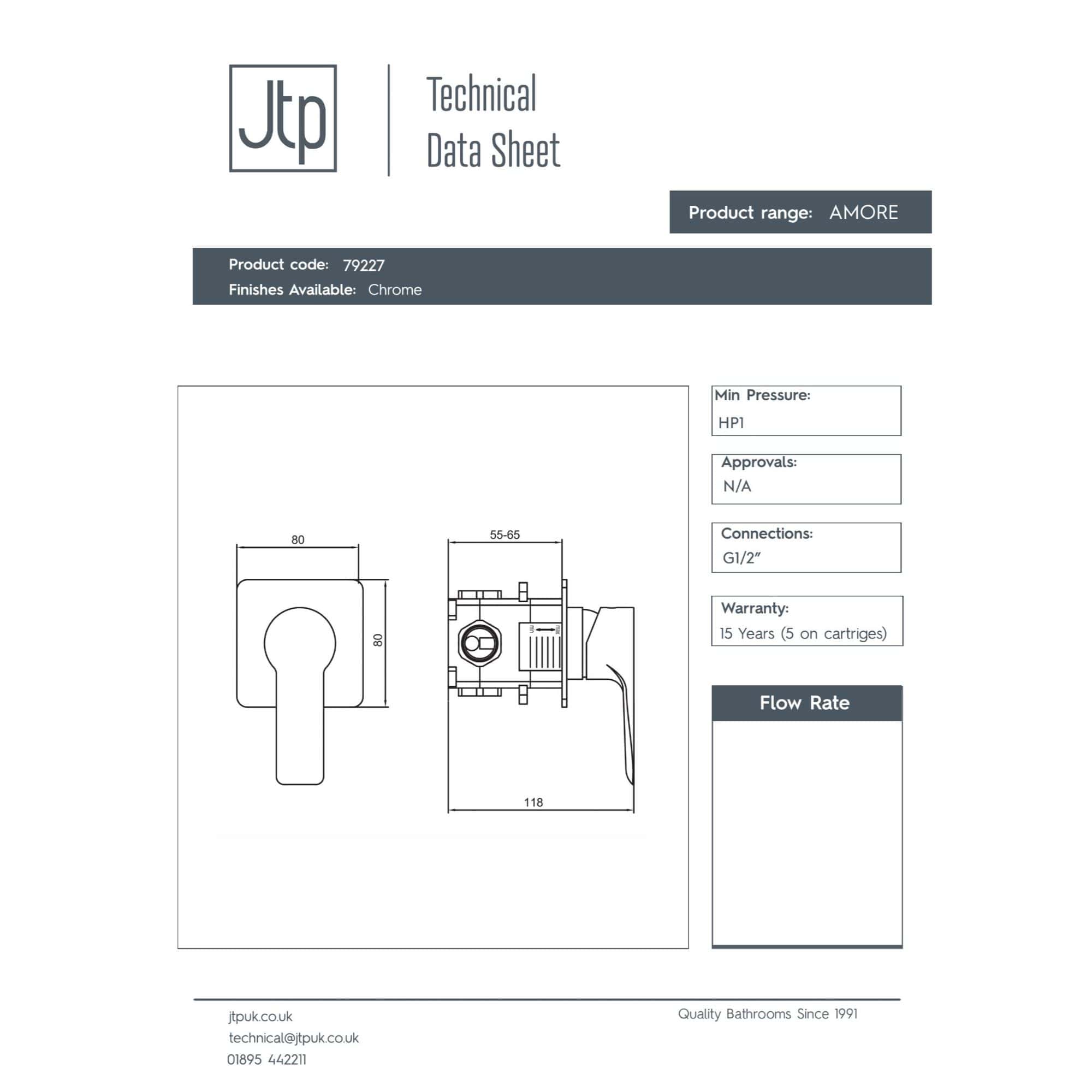 Chrome-finished Bubly Bathrooms Amore product technical data sheet with plumbing dimensions and specifications.
