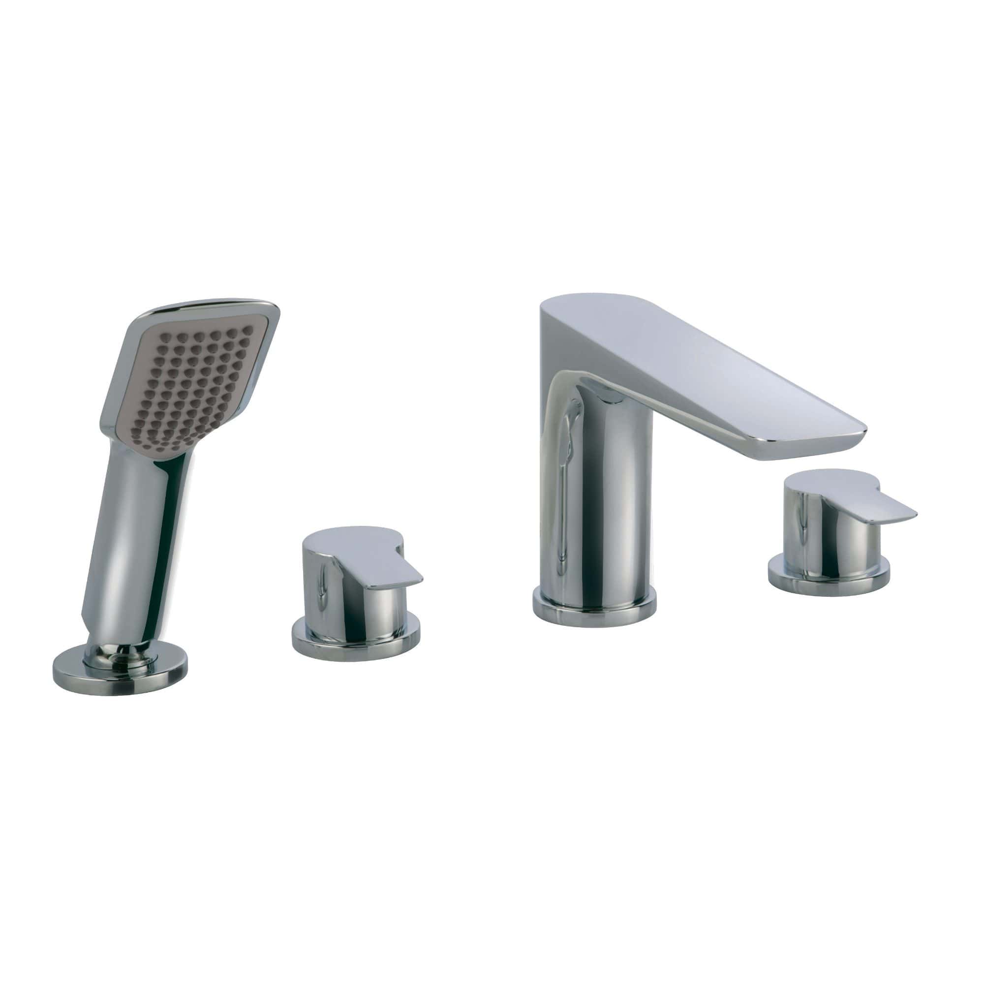 Polished chrome bathroom faucet set with handheld showerhead, central mixer tap, and two handles, modern design for stylish bathroom upgrades.