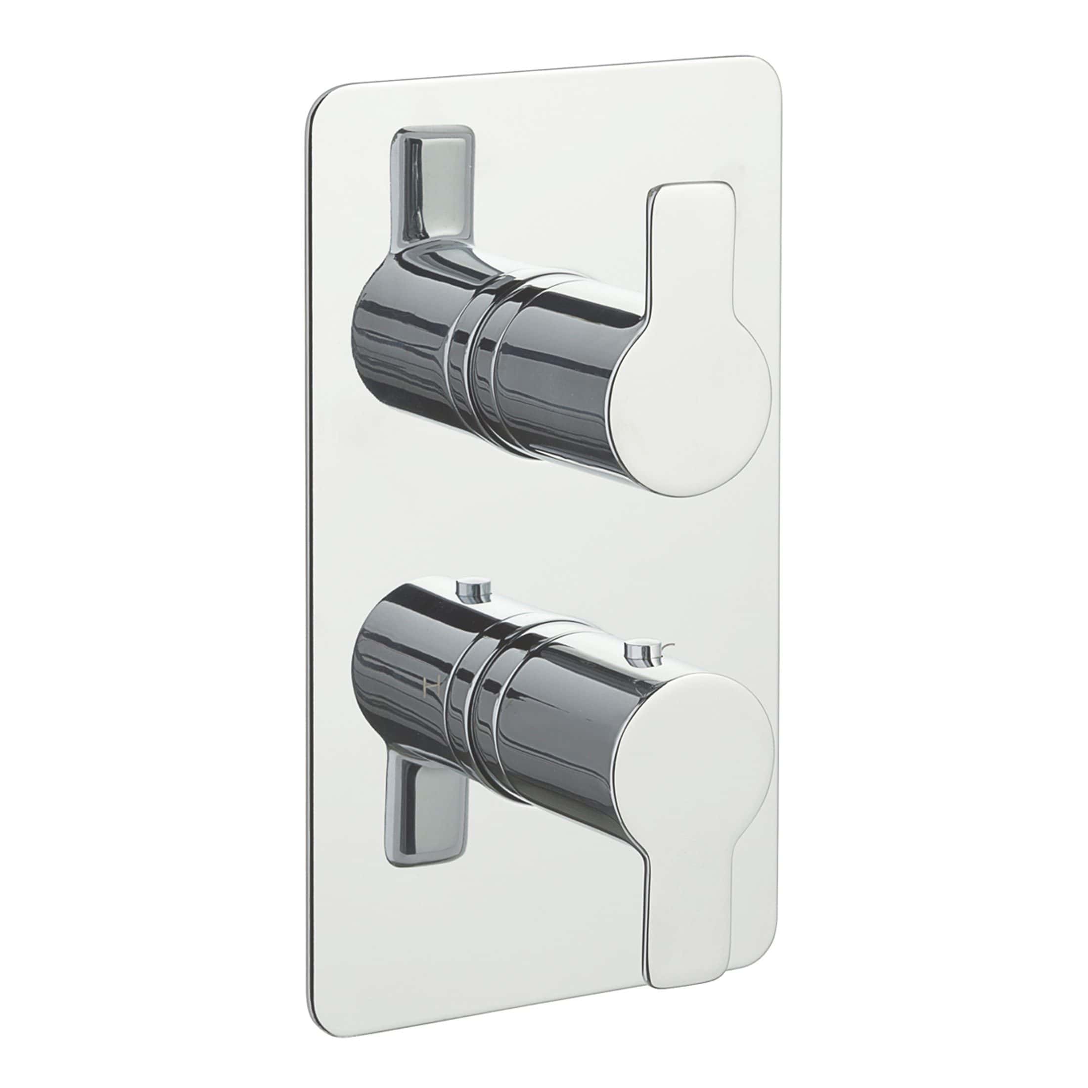 Polished chrome bathroom twin shower valve with wall mount, modern design, high-quality fixtures for sleek and functional bathroom upgrades.