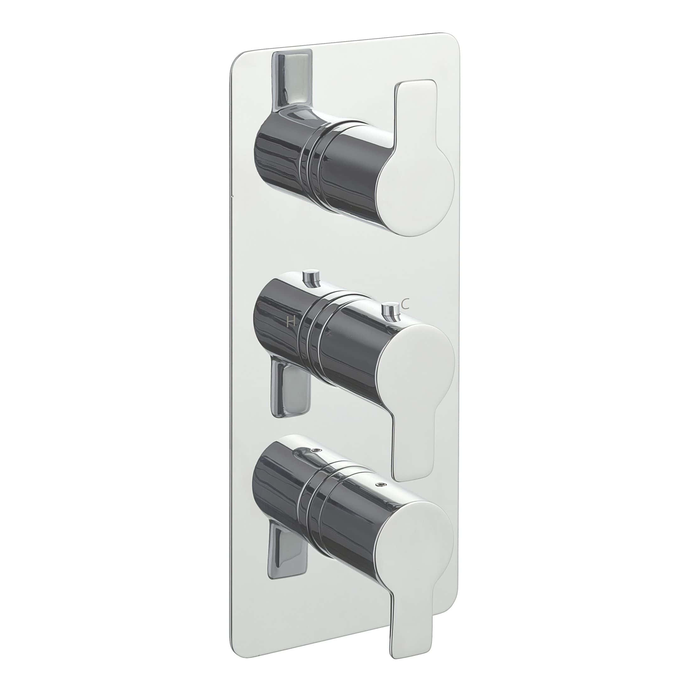 Polished chrome thermostatic shower valve with three control dials for precise temperature and flow regulation, ideal for modern bathroom installations.