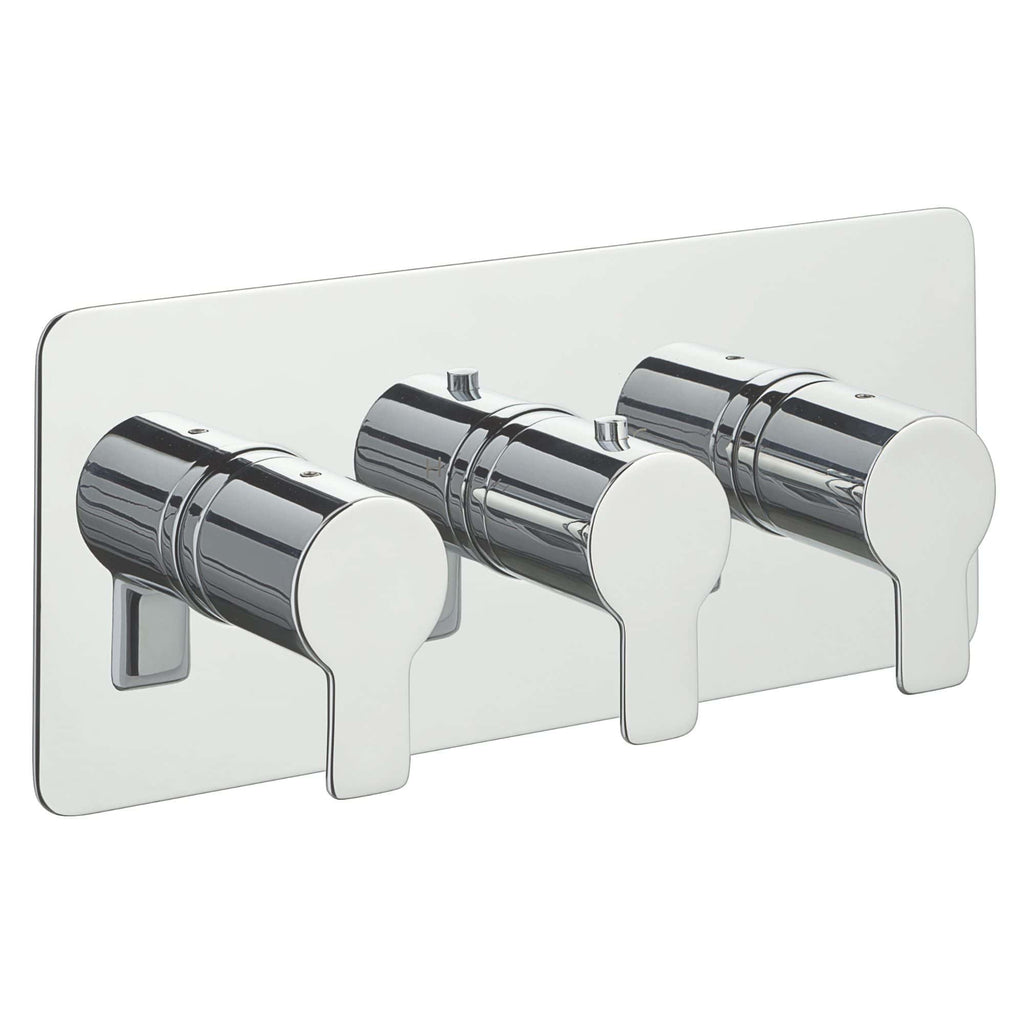 Brass triple shower tap with modern chrome finish on a white background, ideal for contemporary bathrooms. Includes individual controls for precise temperature and water flow management, perfect for enhancing bathroom design.