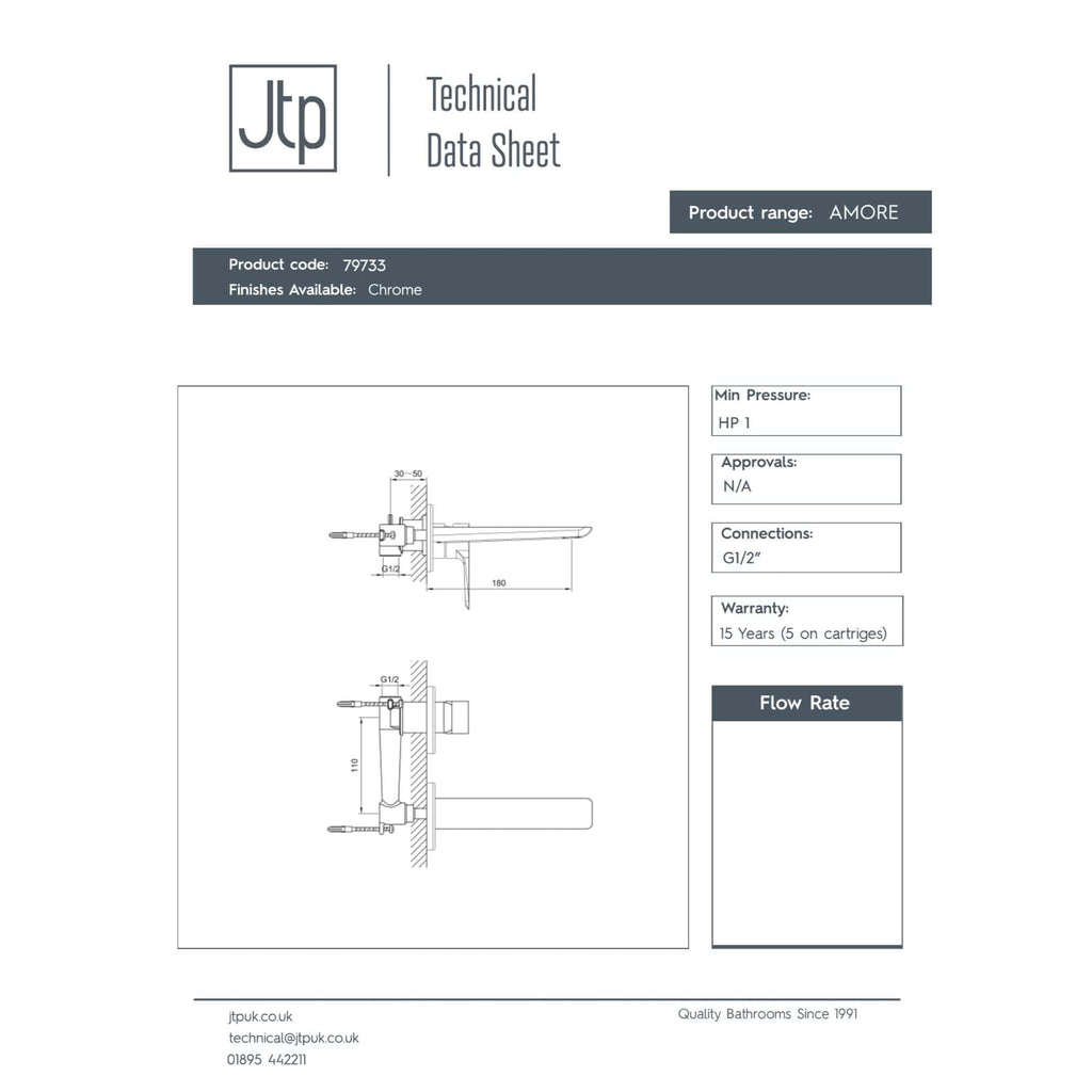 Modern bathroom sink with chrome finish, wall-mounted design, and technical specifications for installation and flow rate details.