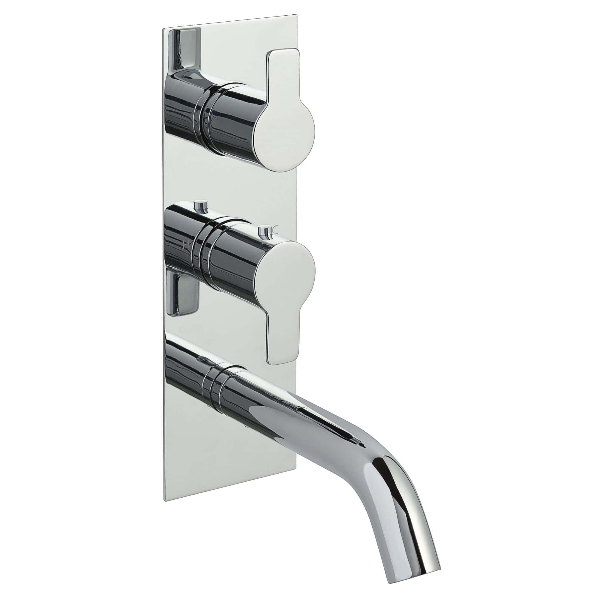 Chrome bathroom mixer tap with dual handles, modern design, for stylish and functional bathroom fixtures. Suitable for contemporary bathroom renovations and upgrades.