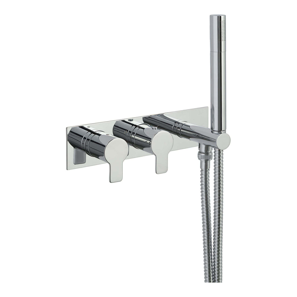 Sleek chrome wall-mounted bath shower mixer tap with integrated handheld shower head and flexible hose, ideal for modern bathroom upgrades.
