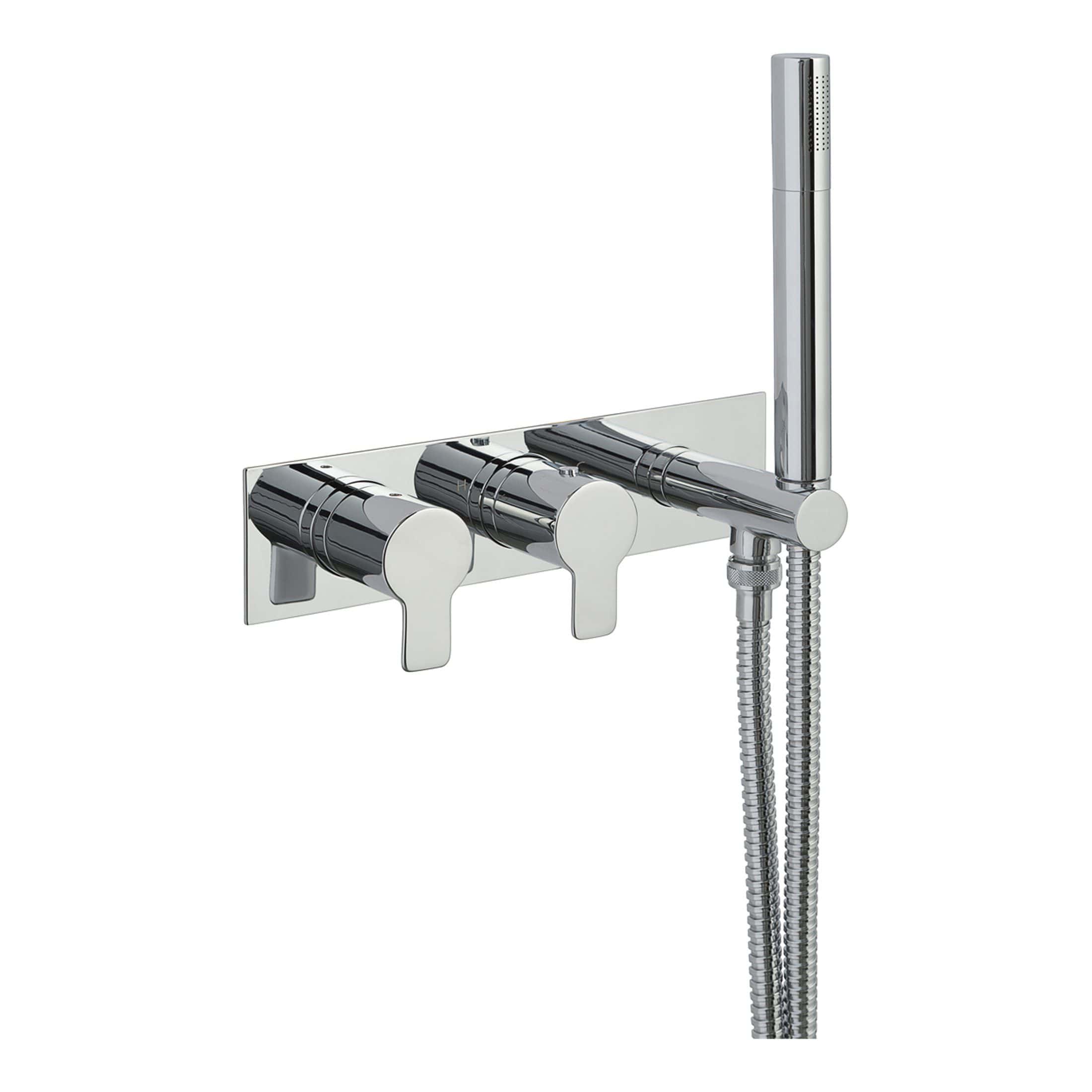 Sleek chrome wall-mounted bath shower mixer tap with integrated handheld shower head and flexible hose, ideal for modern bathroom upgrades.