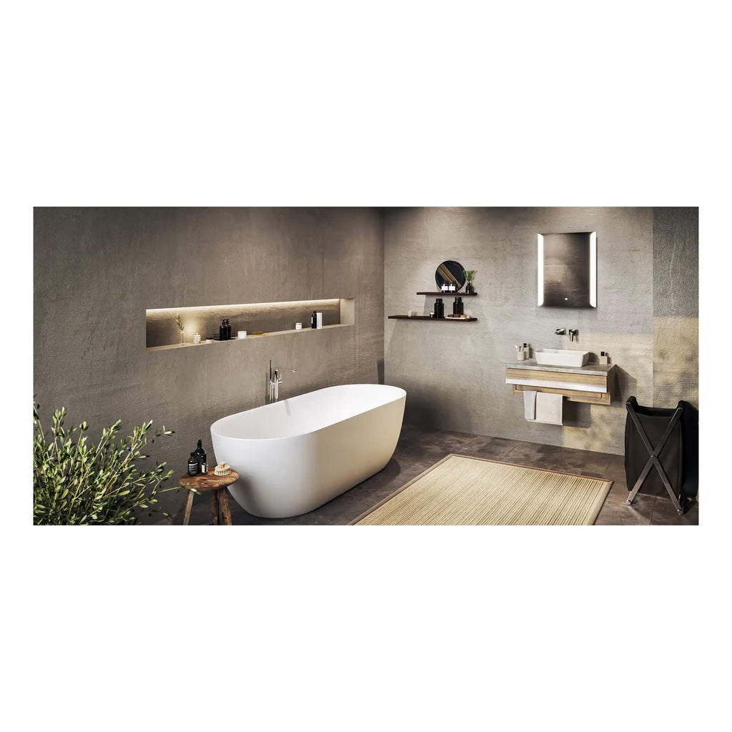 Modern minimalist bathroom with freestanding bathtub, wall-mounted sink, illuminated mirror, and sleek Shelves for bathroom storage and accessories. Stylish, neutral tones and ambient lighting create a relaxing spa-like atmosphere.