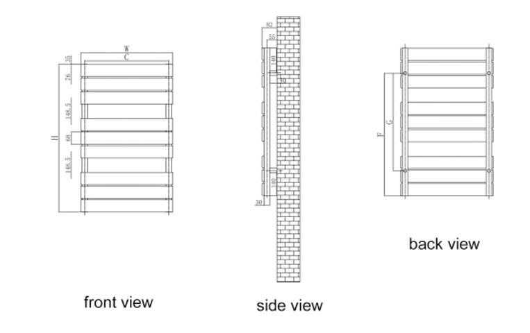 Reina Avola Black Heated Towel Rail - technical drawing with dimensions