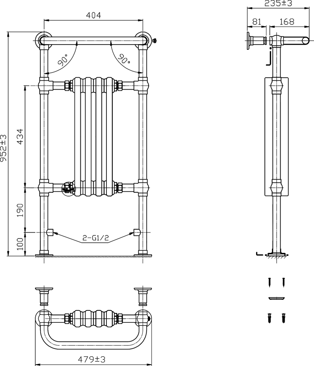 Reina Alicia Chrome/White Traditional Heated Towel Rail - technical drawing with dimensions