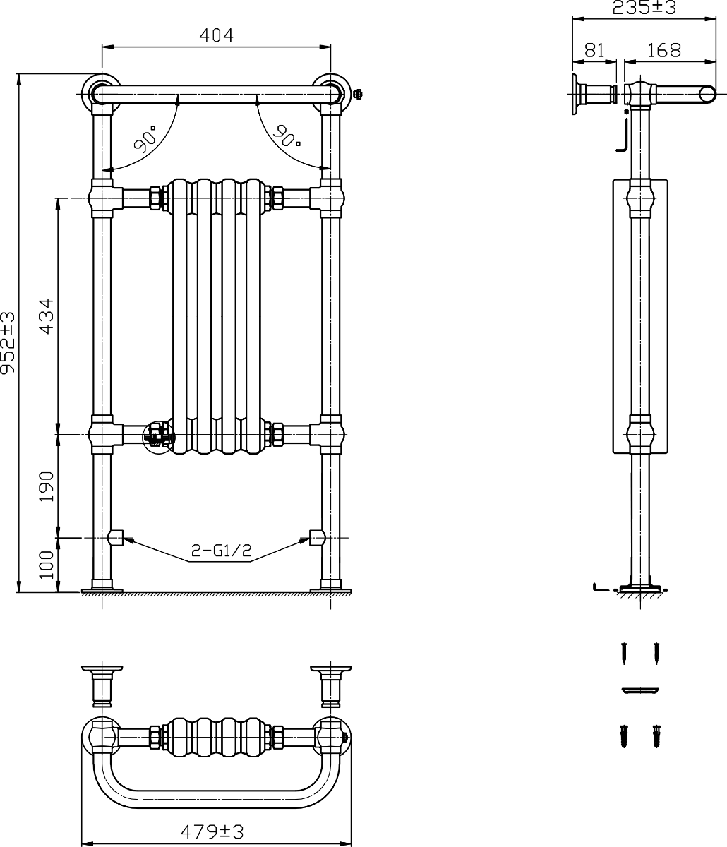 Reina Alicia Chrome/White Traditional Heated Towel Rail - technical drawing with dimensions