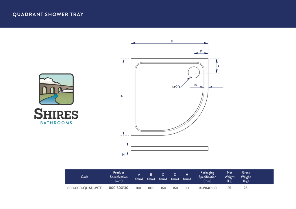 Scudo Shires Quadrant White Shower Tray - technical drawing with dimensions