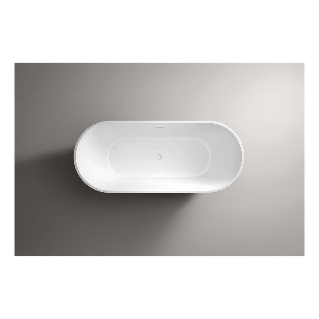 Modern freestanding white bathtub with sleek design, perfect for luxury bathrooms and high-end home renovations. Ideal for soaking and relaxation in contemporary bathroom interiors at Bubly Bathrooms.