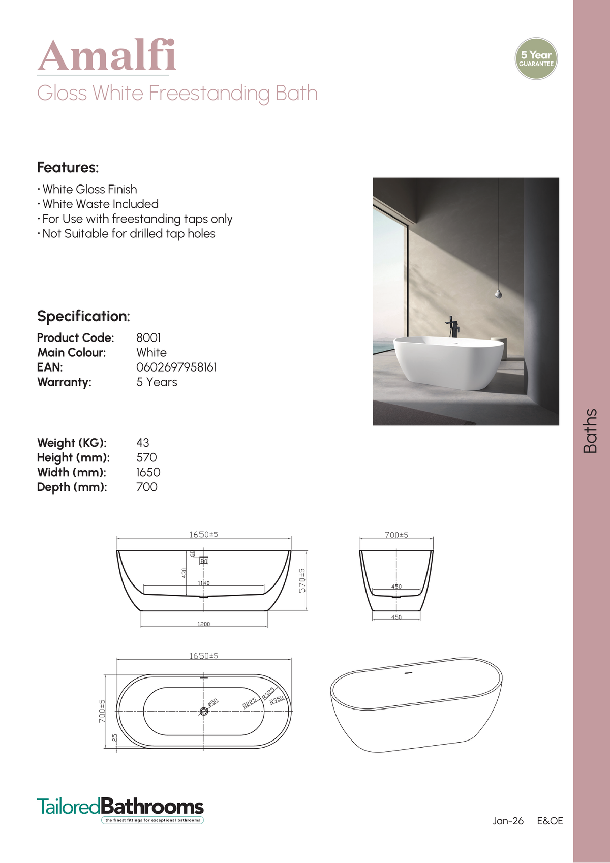 Tailored Amalfi Freestanding Bath With White Waste - 1650mm X 700mm - No TH - Gloss White - specification sheet with technical drawing and dimensions