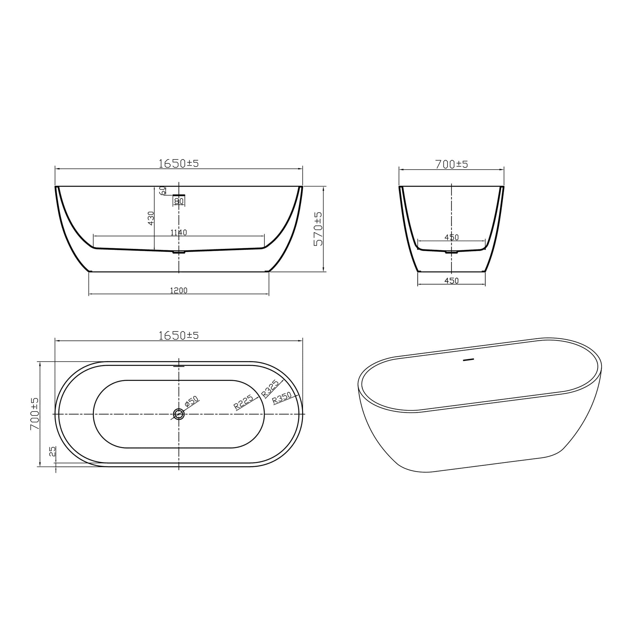Elegant freestanding bathtub with modern design, 1650mm length, 700mm width, and ergonomic features for luxury bathroom refurbishment. Perfect for contemporary bathroom decor.