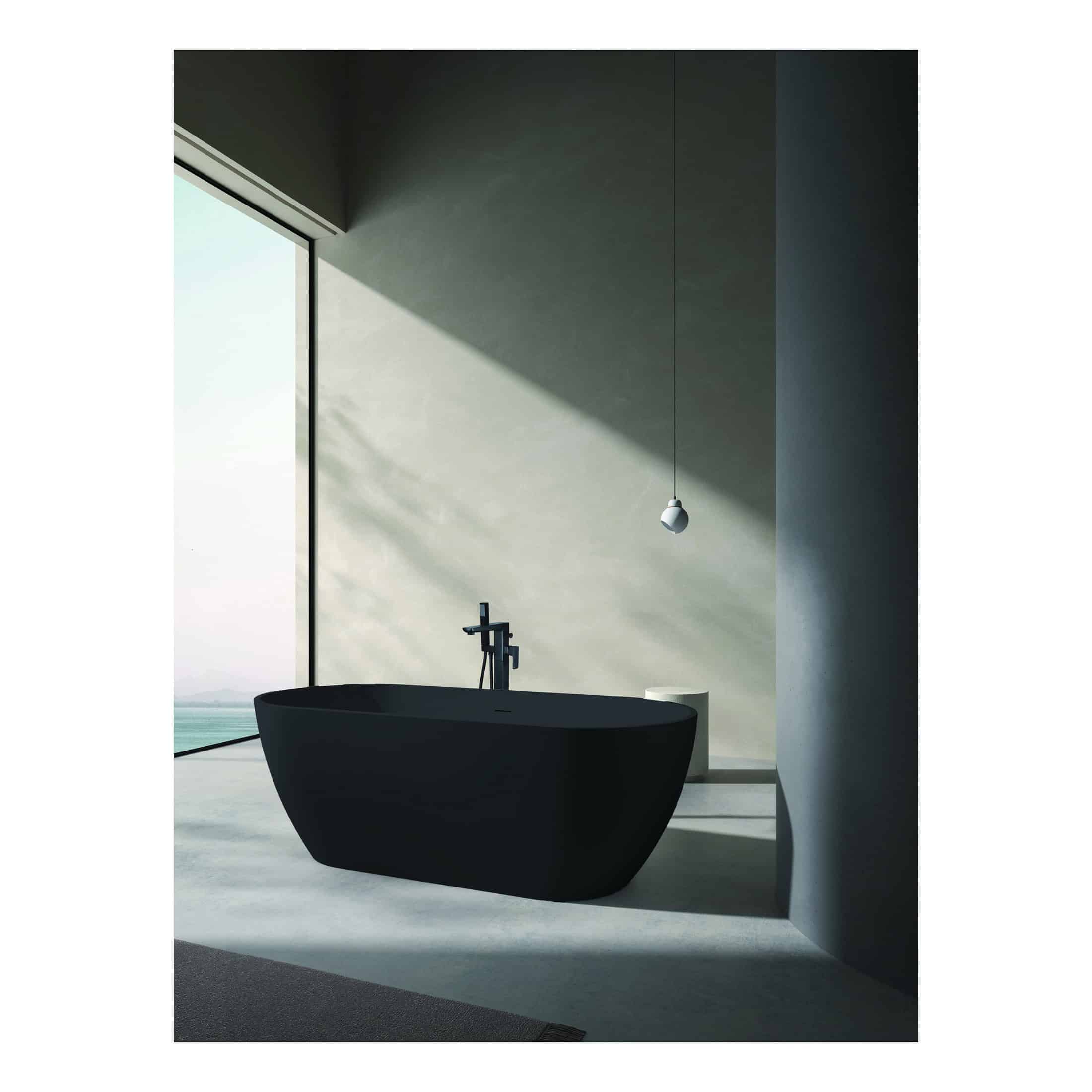 Sleek black freestanding bathtub in a modern minimalist bathroom with large window, natural light, and contemporary fixtures, perfect for luxurious bathroom design.