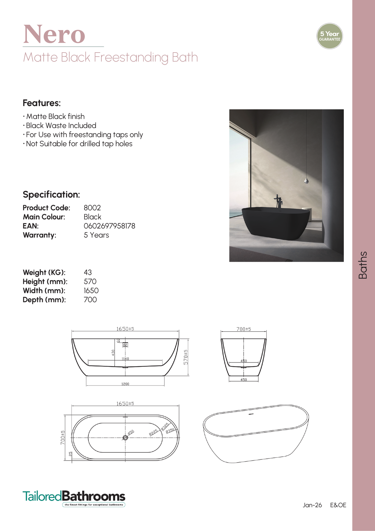 Tailored Nero Freestanding Bath With Black Waste - 1650mm X 700mm - No TH - Gloss White - specification sheet with technical drawing and dimensions