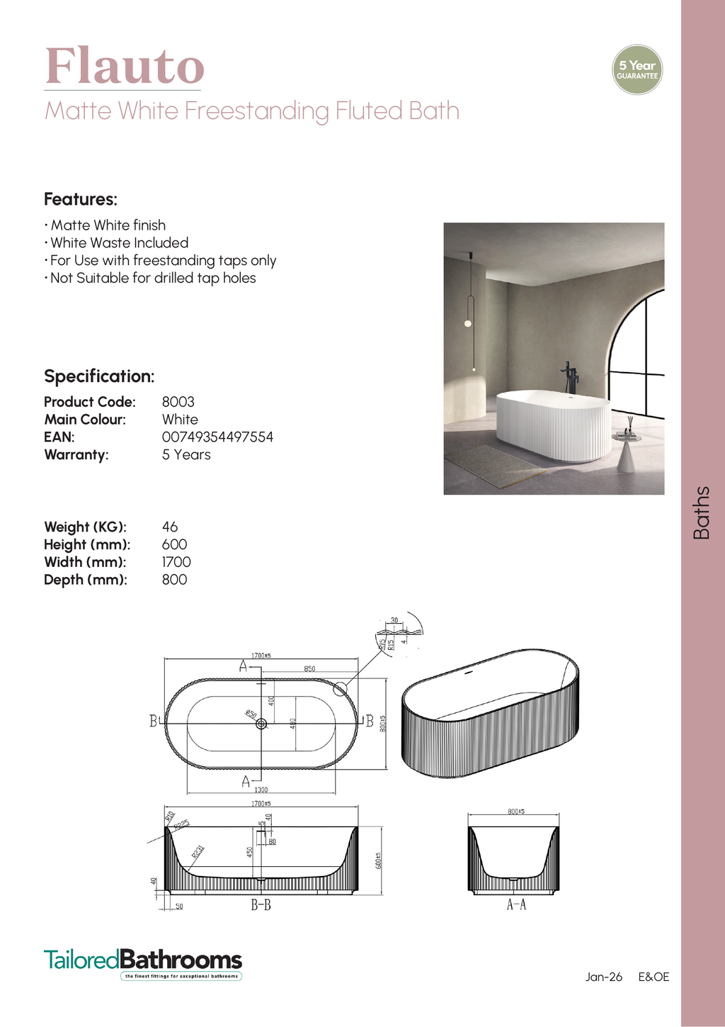 Tailored Flauto Fluted Freestanding Bath?With White Waste - No TH - 1700mm X 800mm - Matt White - specification sheet with technical drawing and dimensions