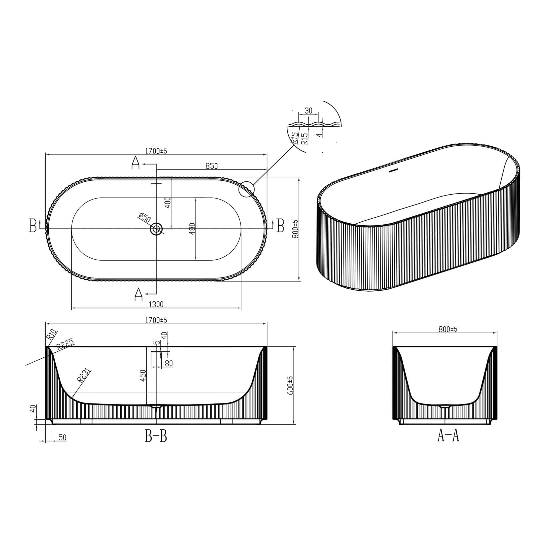 Sleek freestanding oval bathtub design with detailed technical drawings and dimensions, perfect for modern luxury bathrooms and high-end bathroom renovations.
