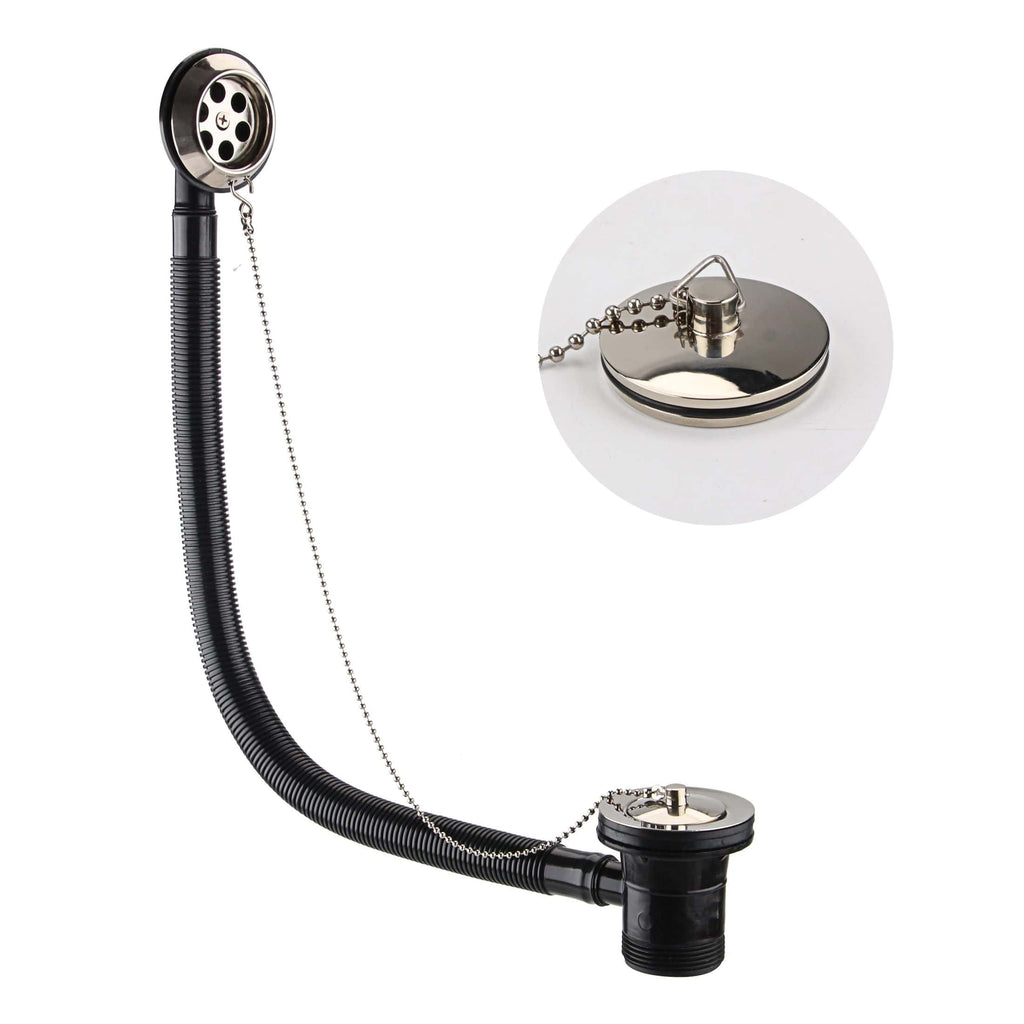 Flexible sink waste pipe with chain stopper and drain cover for modern bathroom plumbing. Suitable for connecting sink basins to plumbing systems, enhancing bathroom functionality and aesthetics.