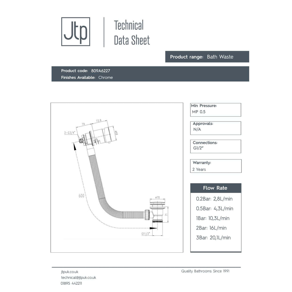Flexible bathroom waste pipe with chrome finish, G1/2" connection, suitable for modern bathroom installations. Includes technical drawing and specifications for efficient waste drainage setup.