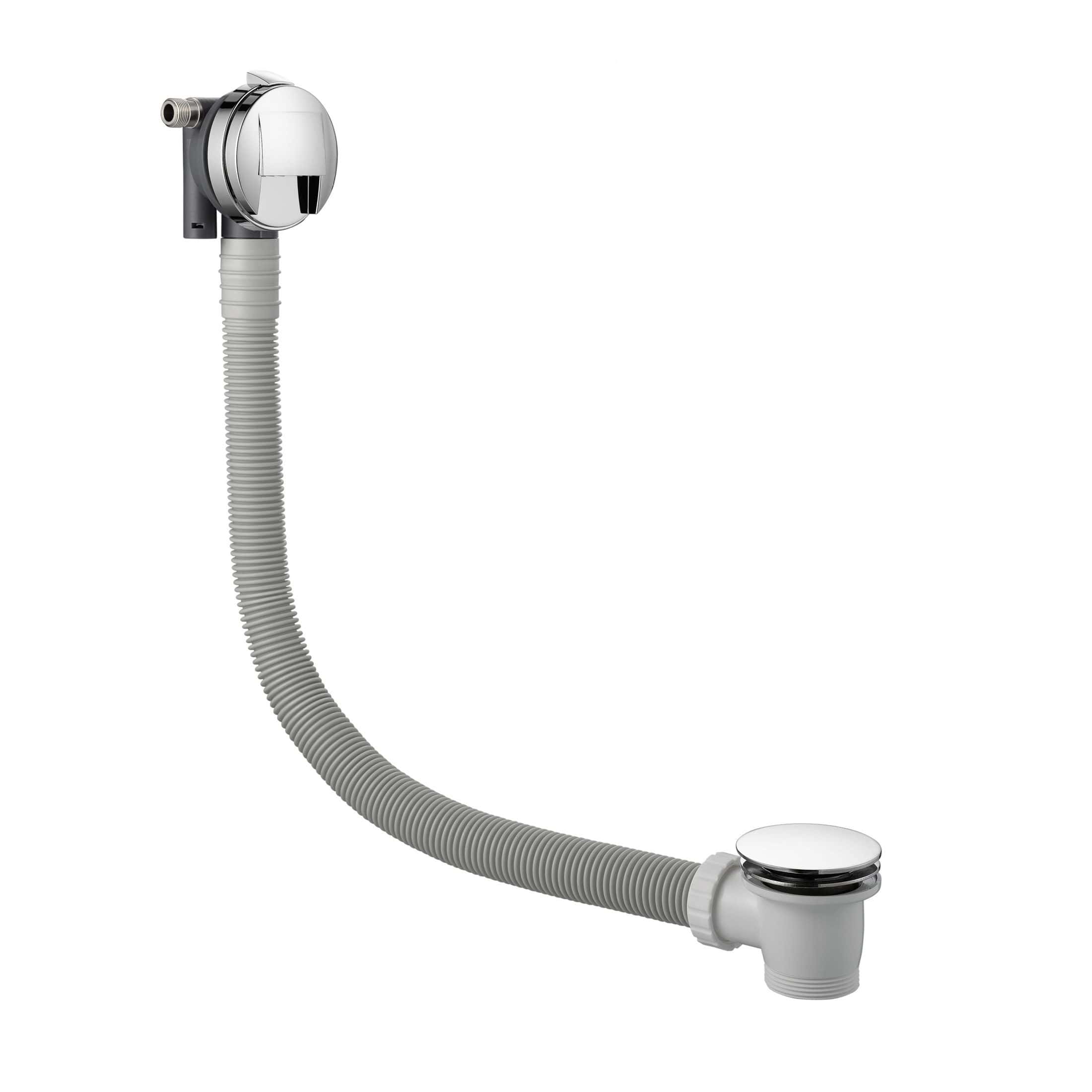 Flexible stainless steel sink drain pipe with chrome-plated plug, ideal for bathroom or kitchen plumbing installations. Durable, easy to install, and corrosion-resistant for modern bathroom setups.