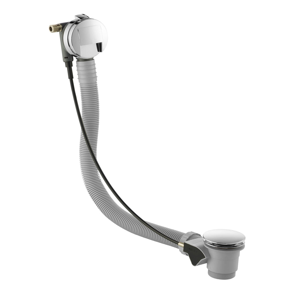 Flexible bathroom basin waste assembly with chrome finish, push button stopper, and corrugated pipe for easy installation and effective drainage in modern bathrooms.