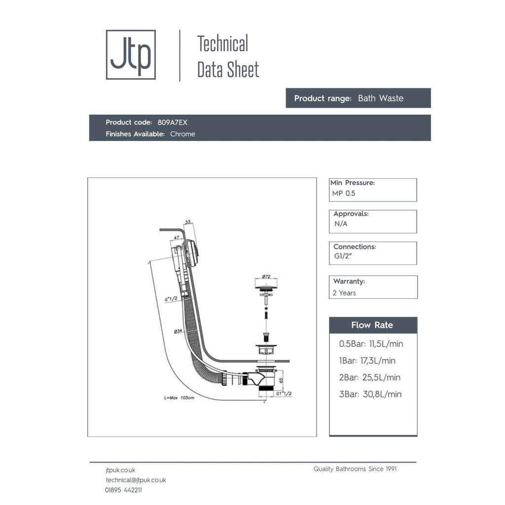 Flexible shower waste with chrome finish, designed for efficient drainage in modern bathrooms, compatible with G1/2 connections and suitable for various flow rates.