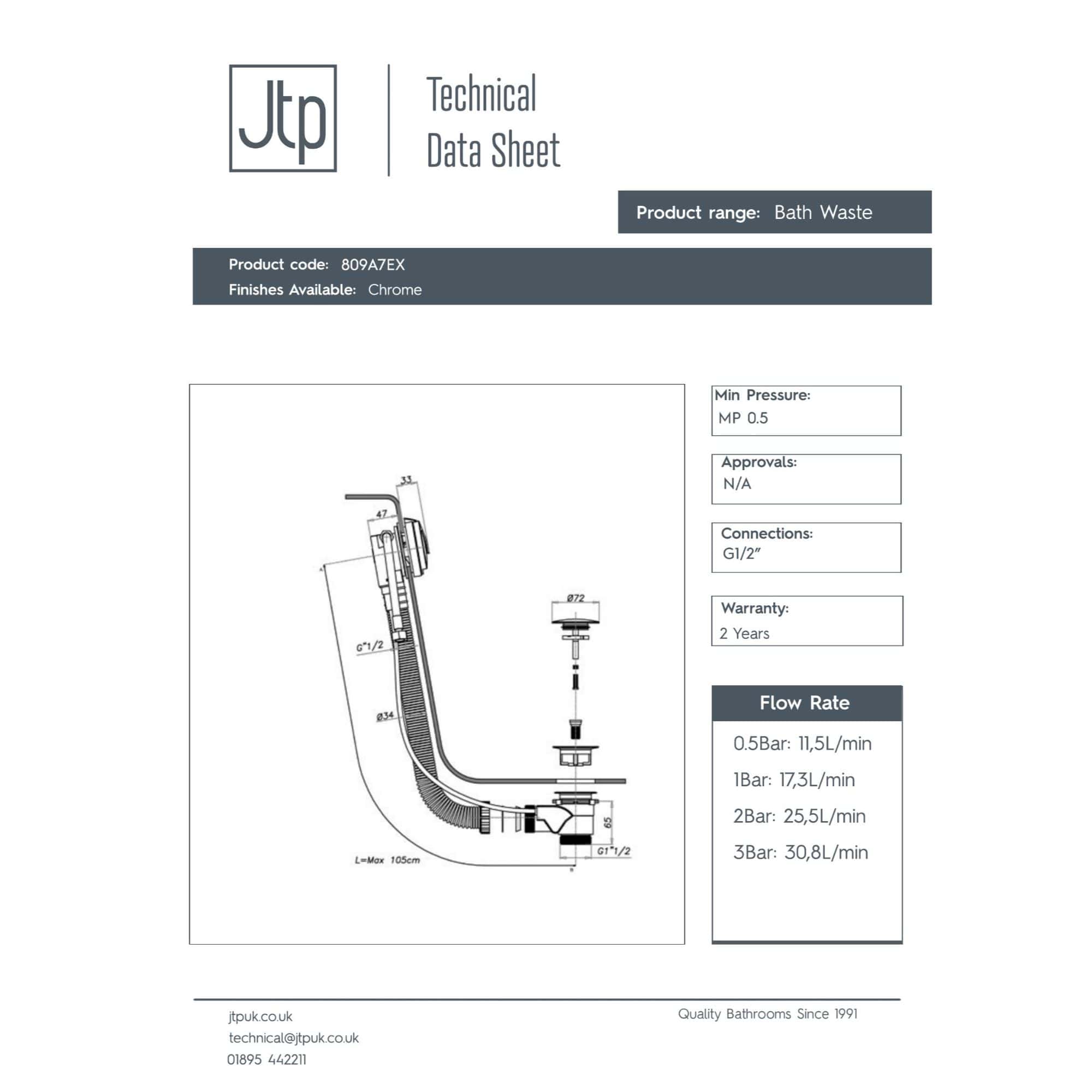 Flexible shower waste with chrome finish, designed for efficient drainage in modern bathrooms, compatible with G1/2 connections and suitable for various flow rates.