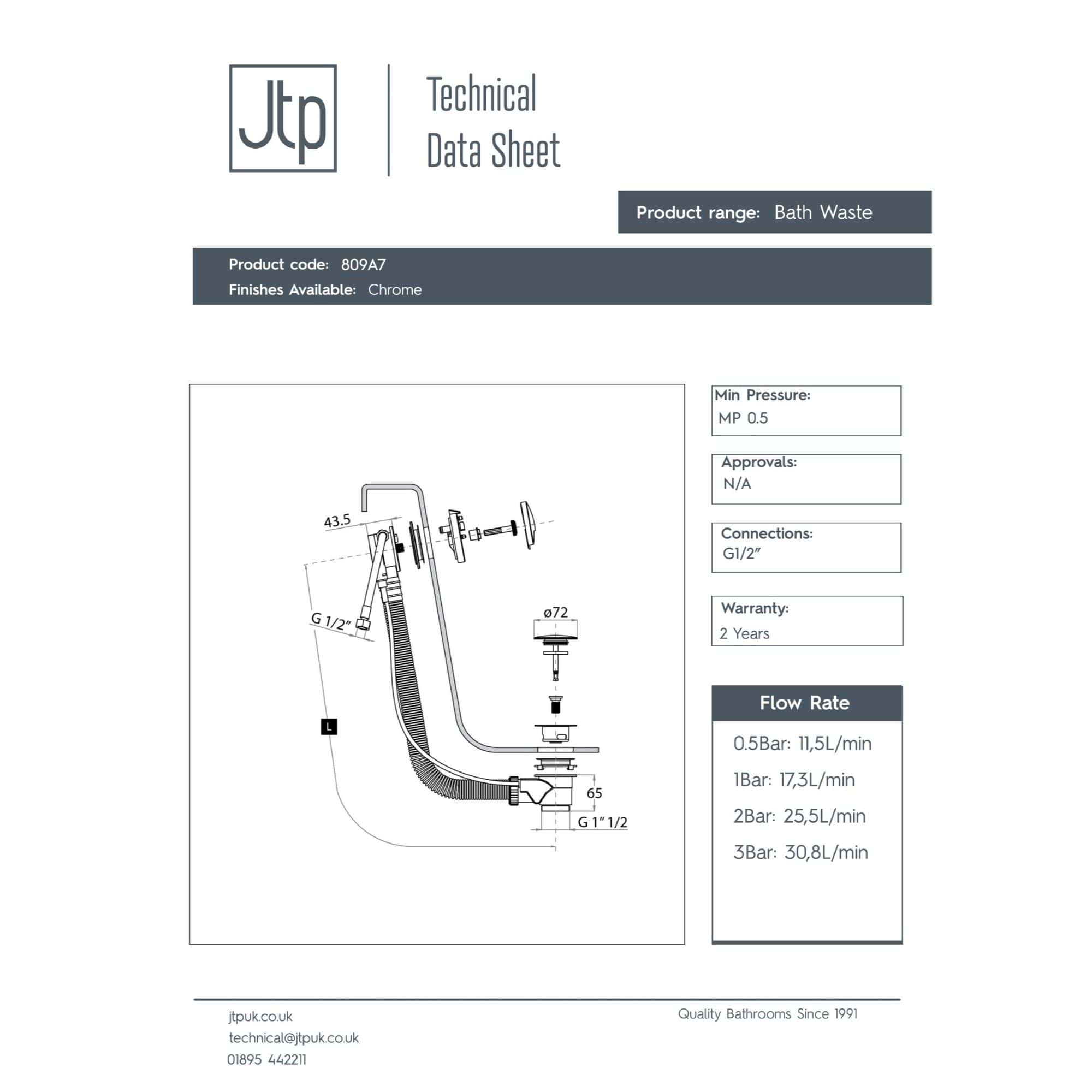 Flexible bath waste with chrome finish, diagram view, suitable for modern bathroom installations, G1/2 connections, durable design, 2-year warranty, ideal for high-flow drainage systems.