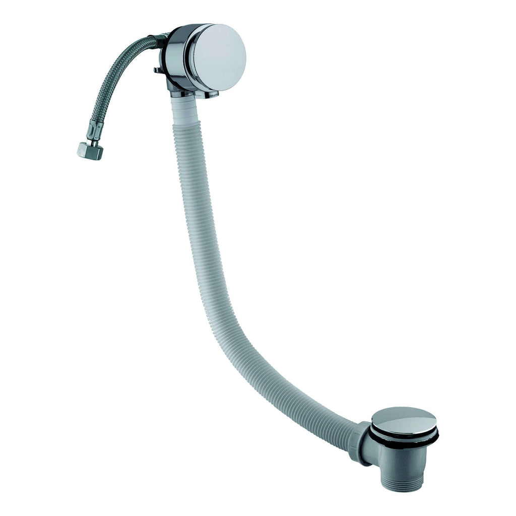 Flexible grey drain pipe with chrome finish end cap for bathroom sink assembly from Bubly Bathrooms.