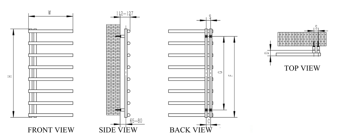 Reina Celico Polished Stainless Steel Heated Towel Rail - technical drawing with dimensions