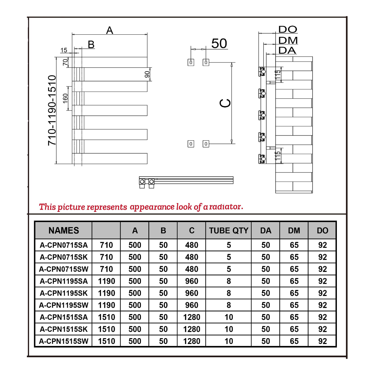 Reina Carpena Anthracite Designer Radiator - technical drawing with dimensions