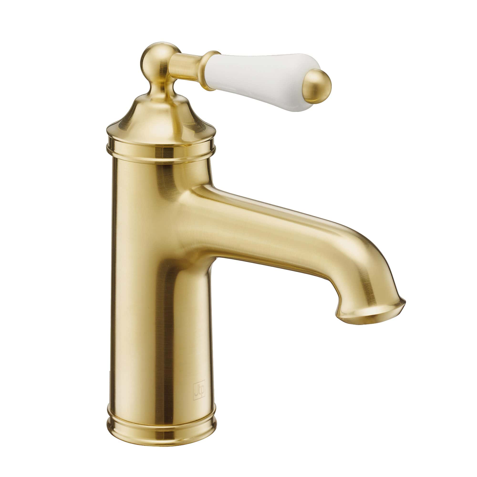 Luxurious gold bathroom tap with white ceramic handle, perfect for modern bathroom decor, combining elegance and functionality.