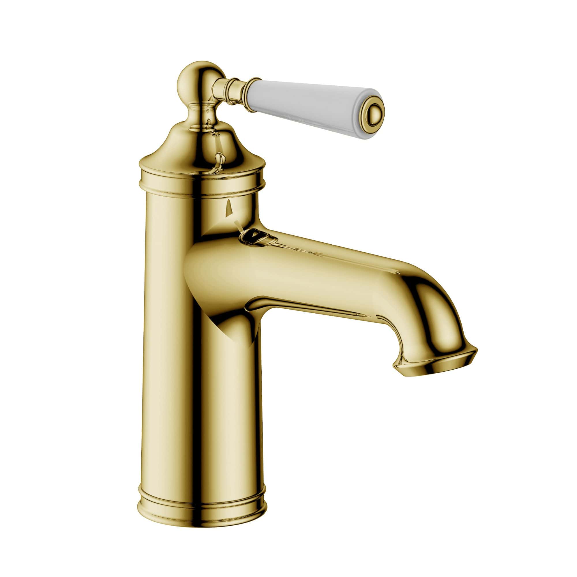 Shiny gold bathroom faucet with white ceramic handle, elegant modern design, premium quality bathroom fixture, stylish gold taps for luxury bathrooms, high-end bathroom hardware, Bubly Bathrooms.