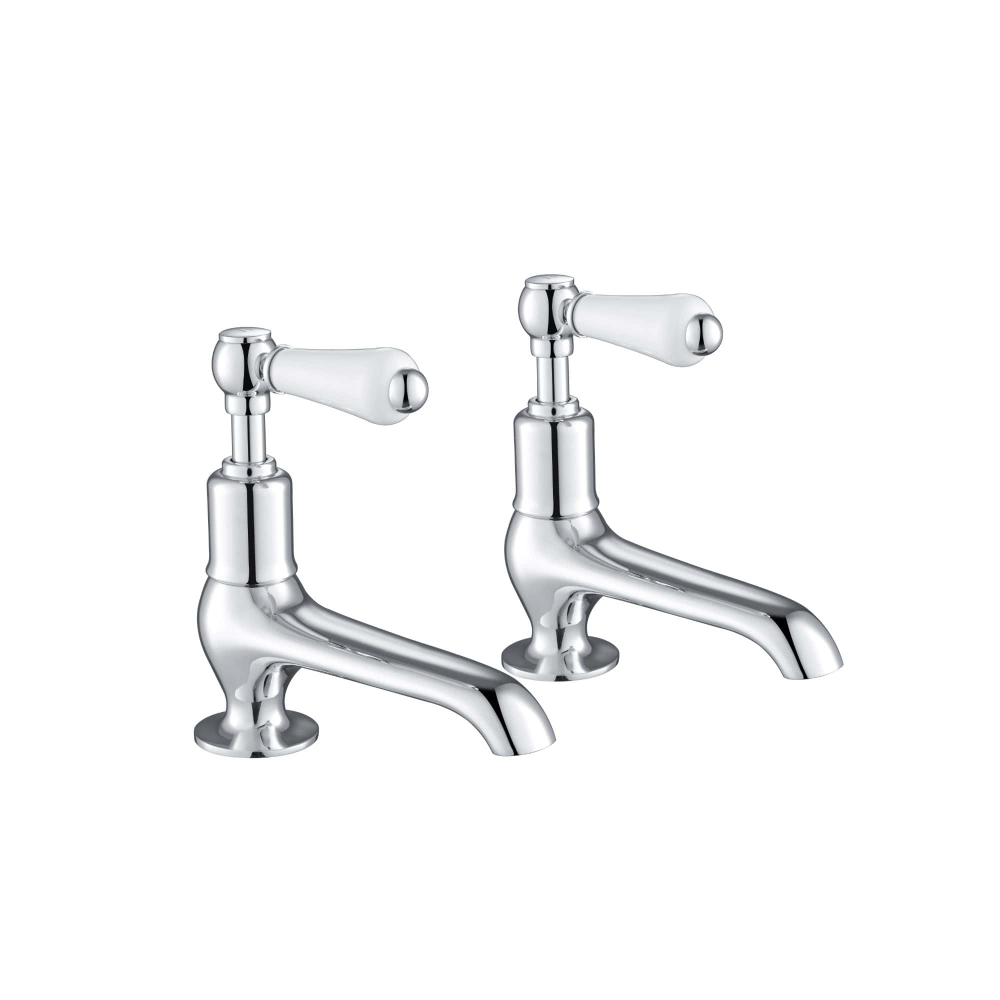 Chrome Victorian-style bathroom taps in a pair, featuring classic design with curved spouts and white porcelain handles for vintage bathroom decor. Perfect for traditional bathroom installations.