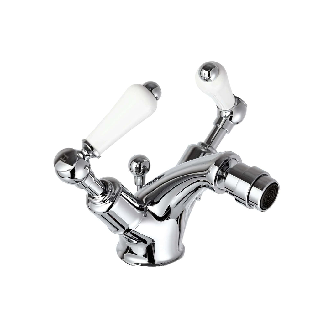 Polished chrome bidet mixer tap with white ceramic handles and flexible spout, ideal for modern bathroom bathroom fixtures and fittings.
