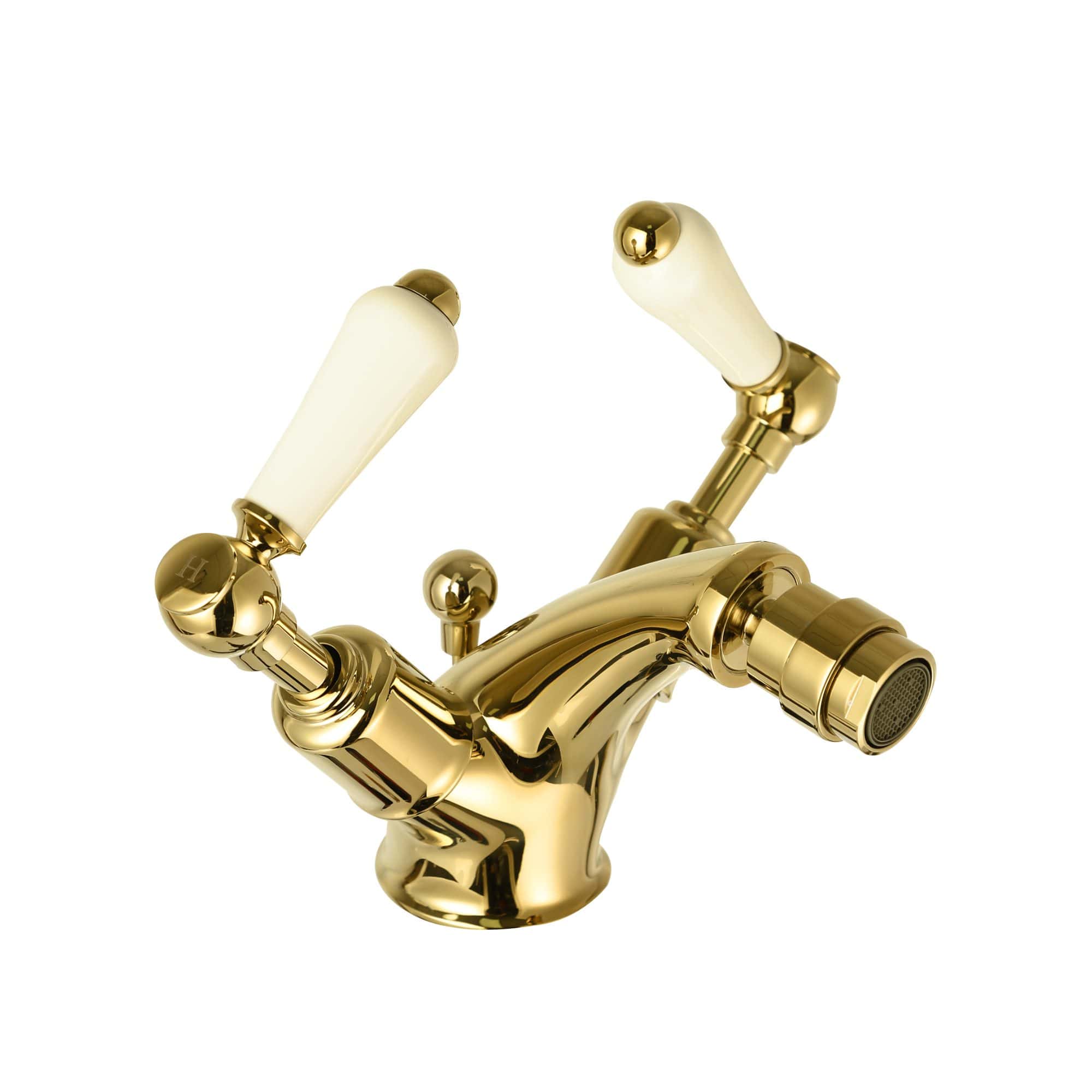 Luxurious gold bathroom faucet with vintage-style handles and white ceramic accents, ideal for upscale bathroom renovations and classic design schemes.