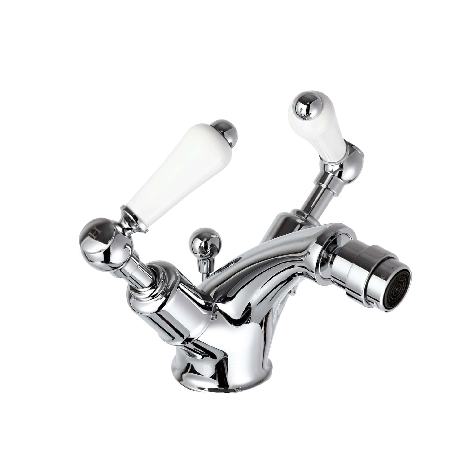 Polished chrome bidet mixer tap with white ceramic handles and flexible spout, ideal for modern bathroom bathroom fixtures and fittings.
