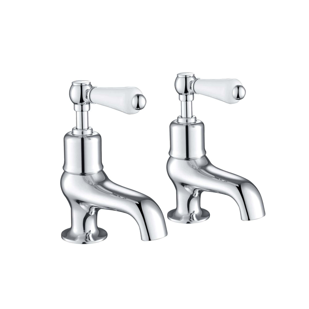 Chrome bathroom taps, vintage style with white ceramic handles for classic bathroom sink fittings, ideal for traditional and modern bathroom decor, durable and stylish fixtures.