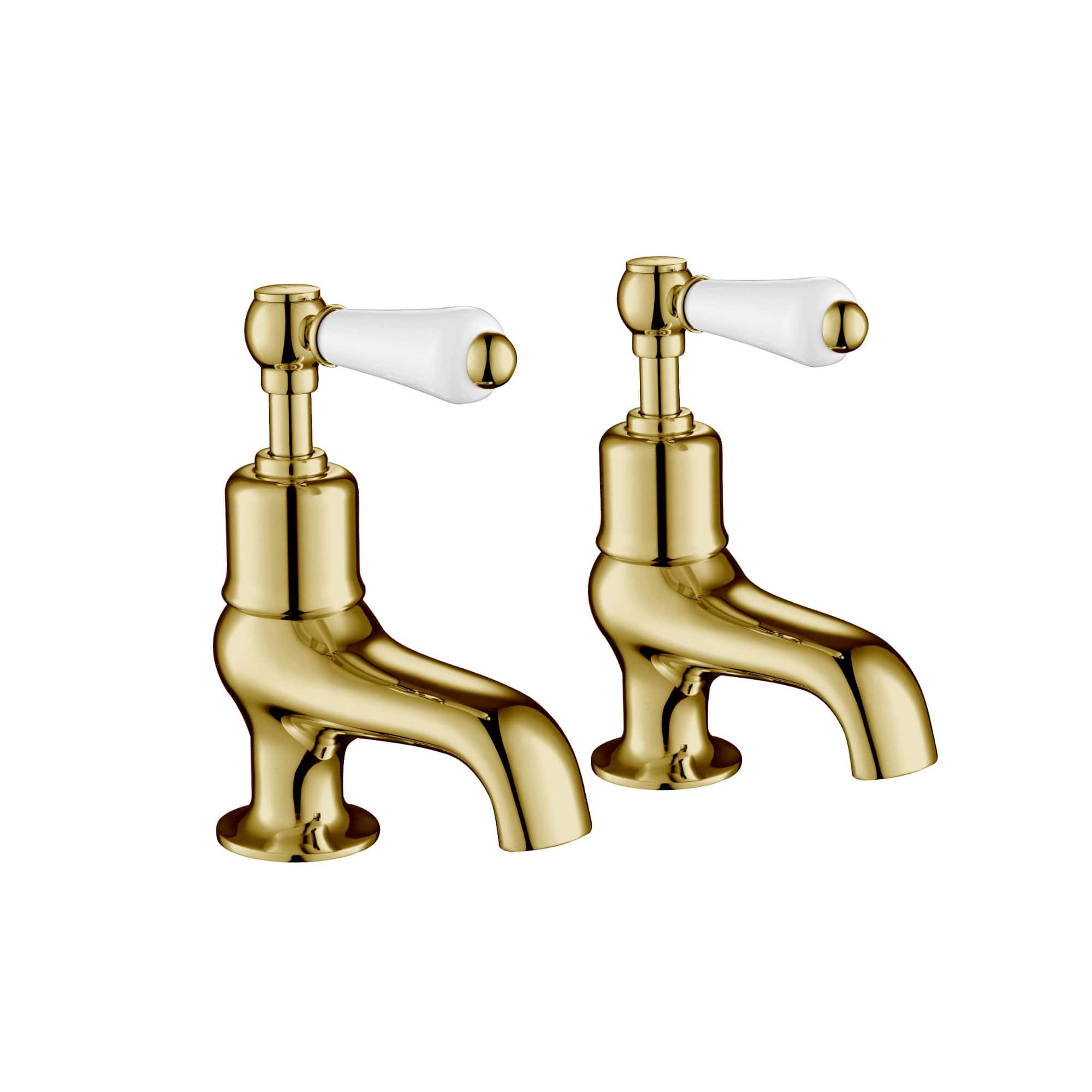 Brass bathroom taps with white ceramic handles, vintage style, perfect for classic or traditional bathrooms, high-quality plumbing fixtures, elegant gold finish, durable design, easy to install.